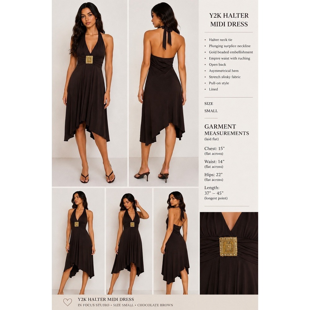 En Focus Studio Y2K Brown Drapey Halter Top Open Back Evening Midi Dress Size S